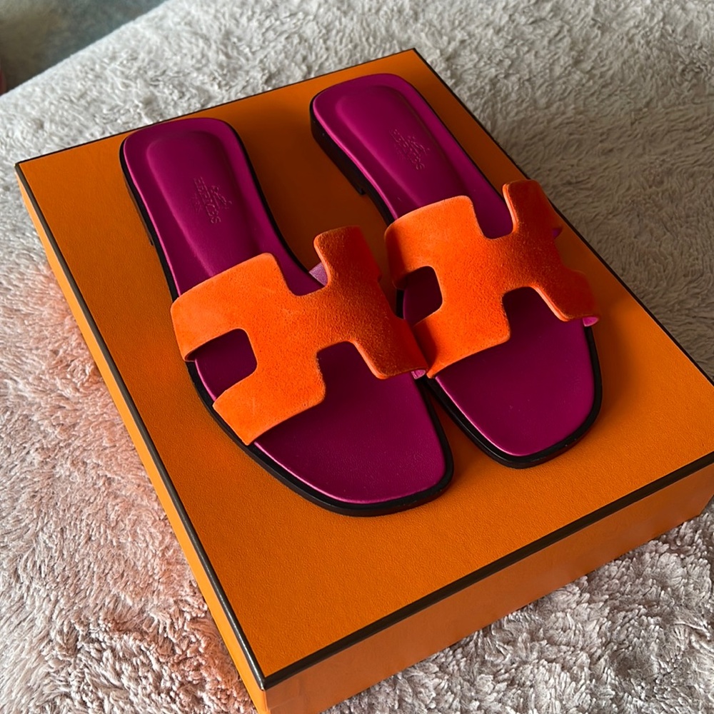 Hermes Orange Suede & Fuchsia Pink Oran Slide Sandals